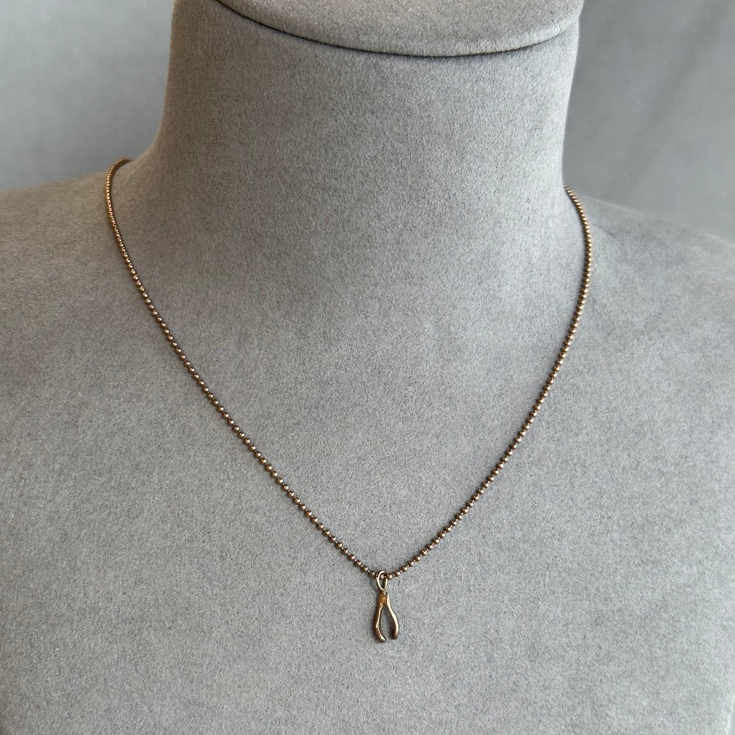 Rose Gold Plated Over Silver Wishbone Charm Pendant on Silver Beaded Chain - Symbol of Luck & Elegance