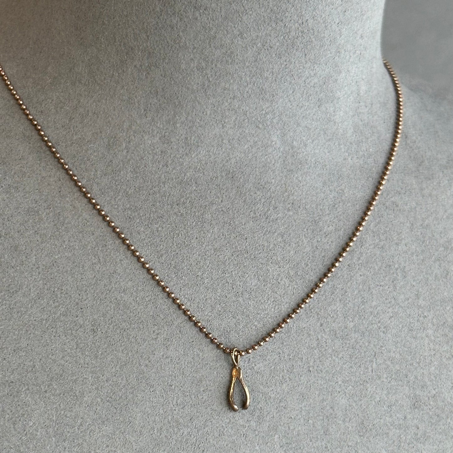 Rose Gold Plated Over Silver Wishbone Charm Pendant on Silver Beaded Chain - Symbol of Luck & Elegance