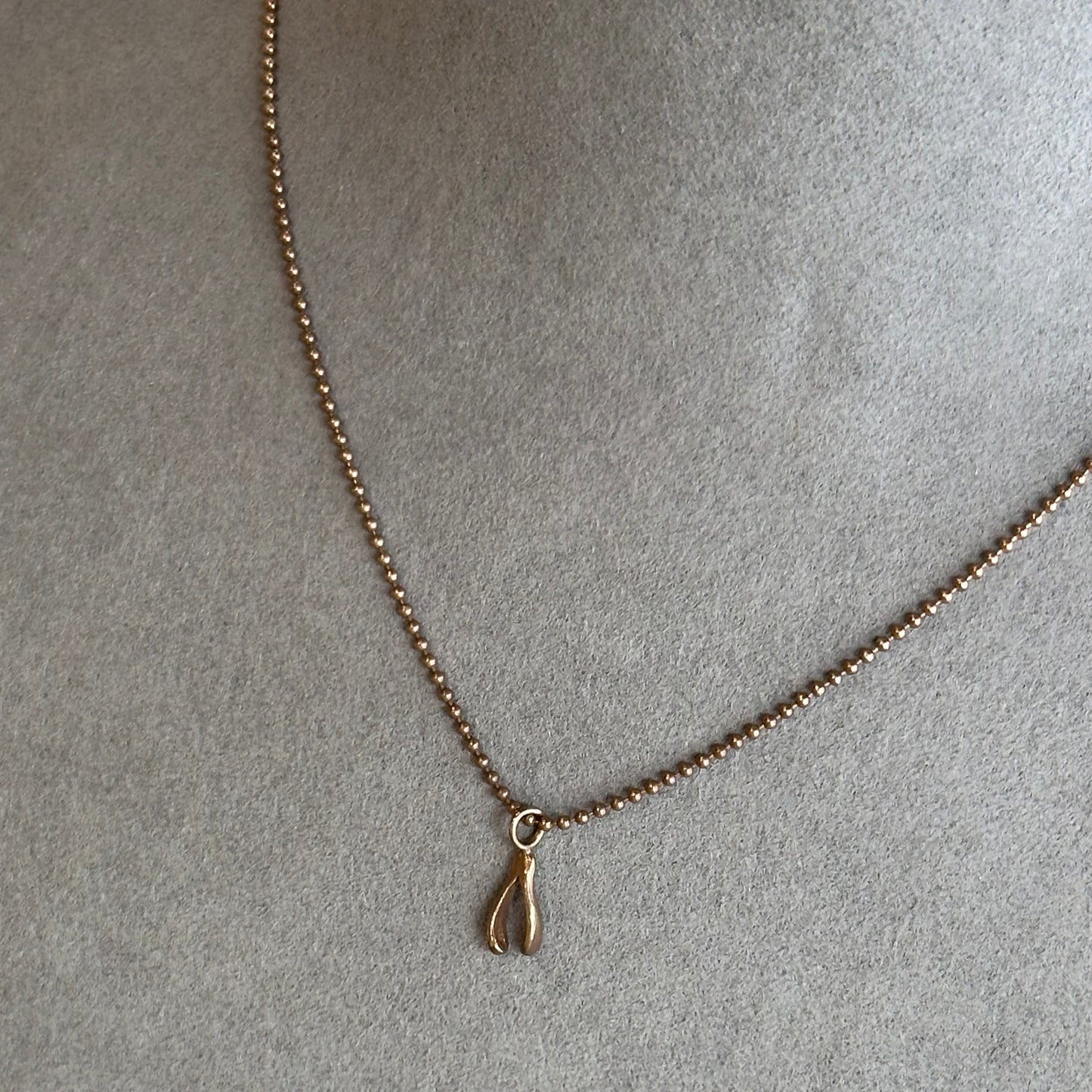 Rose Gold Plated Over Silver Wishbone Charm Pendant on Silver Beaded Chain - Symbol of Luck & Elegance