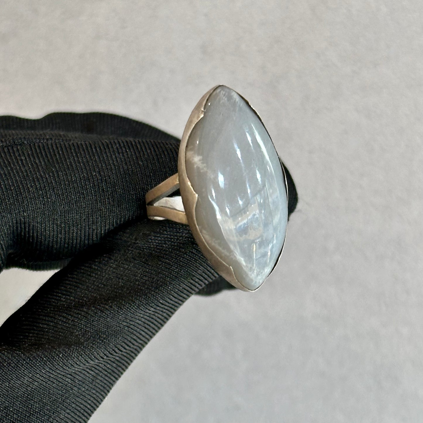 Stunning Marquis Cut Grey Moonstone Cocktail Ring in Silver – Wave Bezel Set with Matte Finish