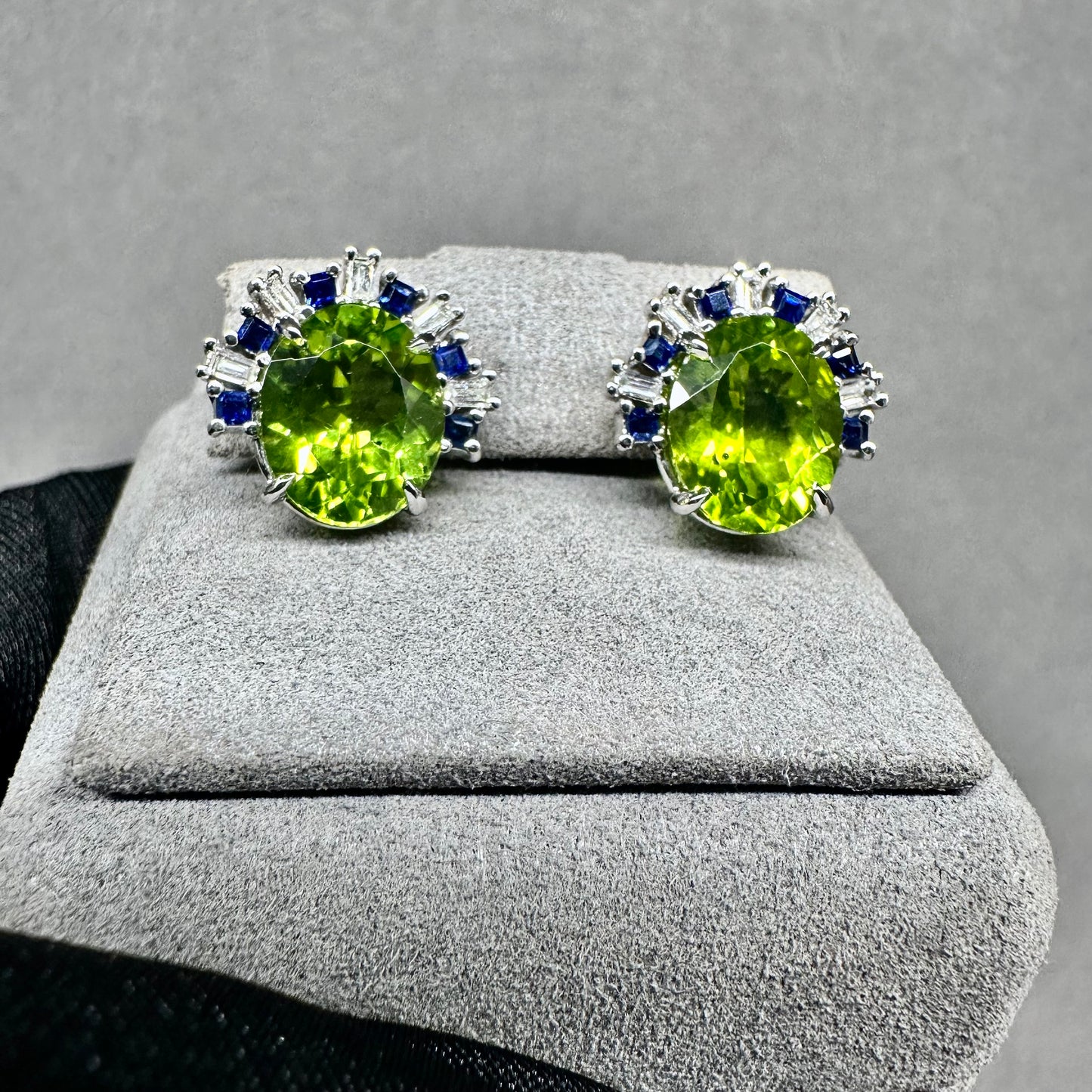 6ctw Vivid Green Peridot Earrings with Sapphires & Diamonds