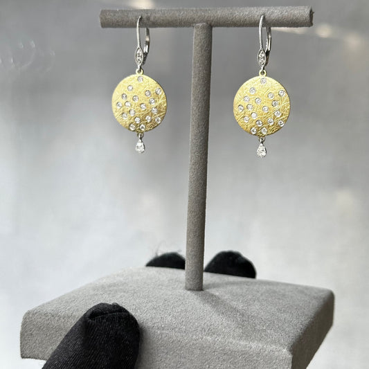 Brushed Gold Disk with Scattered Diamonds Drop Dangle Earrings