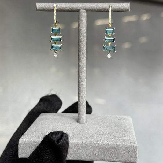 Baguette Blue Tourmaline and Diamond Dangle Drop Earrings
