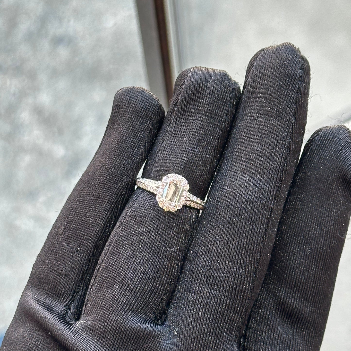 1ct Center Emerald Criss Cut Diamond Halo Engagement Ring