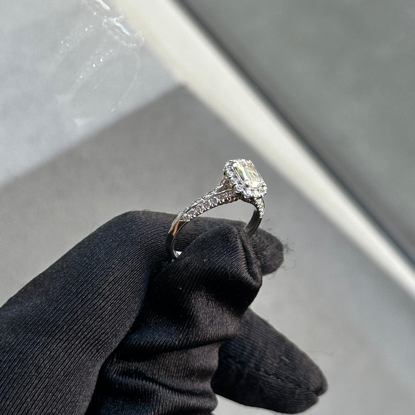 1ct Center Emerald Criss Cut Diamond Halo Engagement Ring