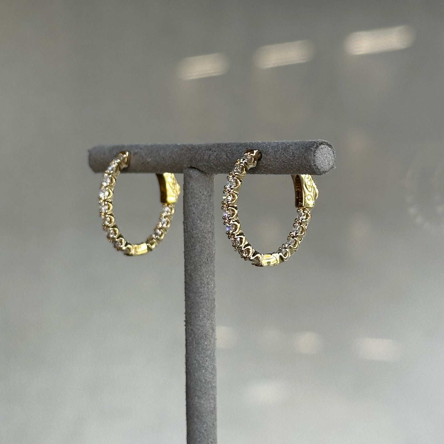 Yellow Gold Inside and Outside Diamond Oval Hoop Earrings
