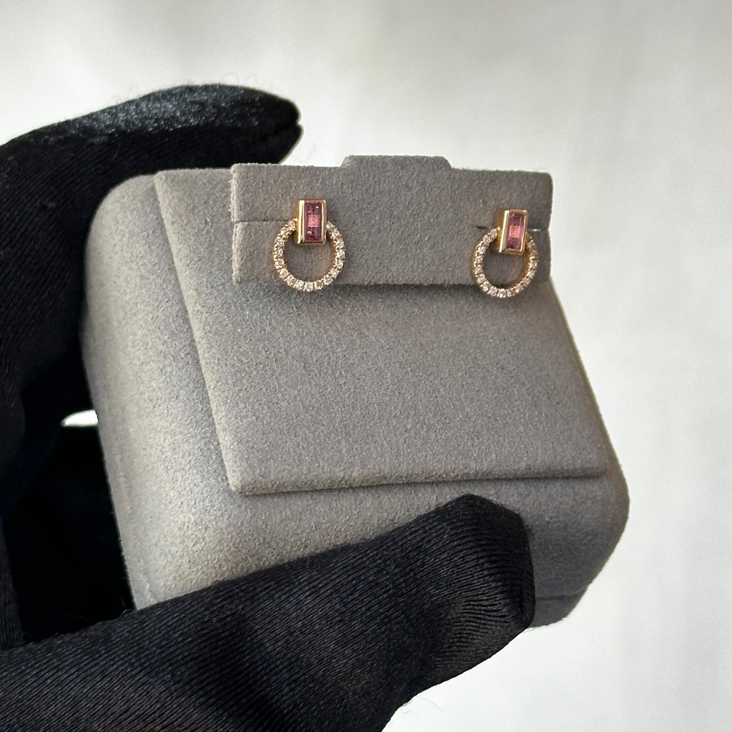 Baguette Pink Sapphire with Diamonds Stud Earrings