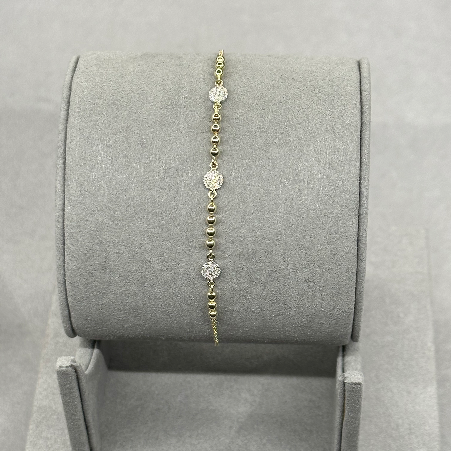 Two Tone White Gold Round Diamond Cluster and Yellow Gold Ball Bracelet