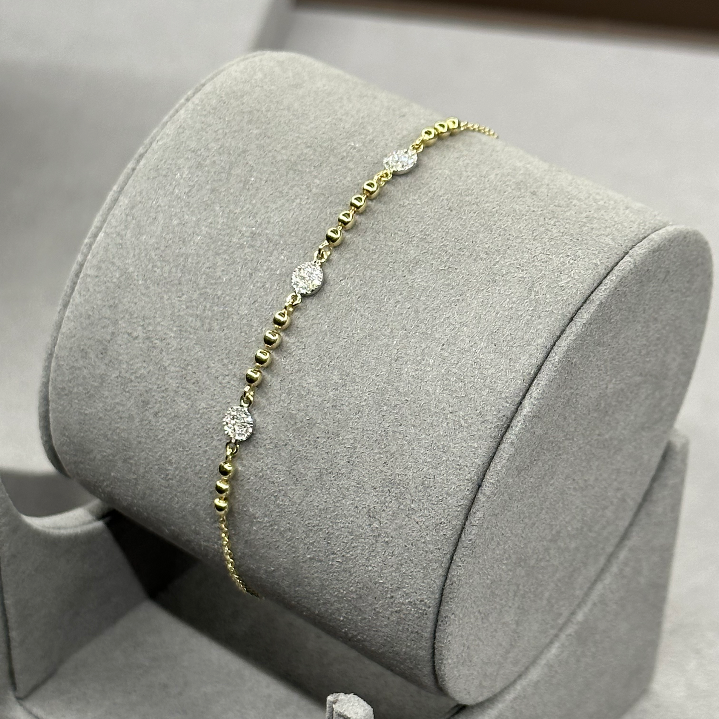 Two Tone White Gold Round Diamond Cluster and Yellow Gold Ball Bracelet