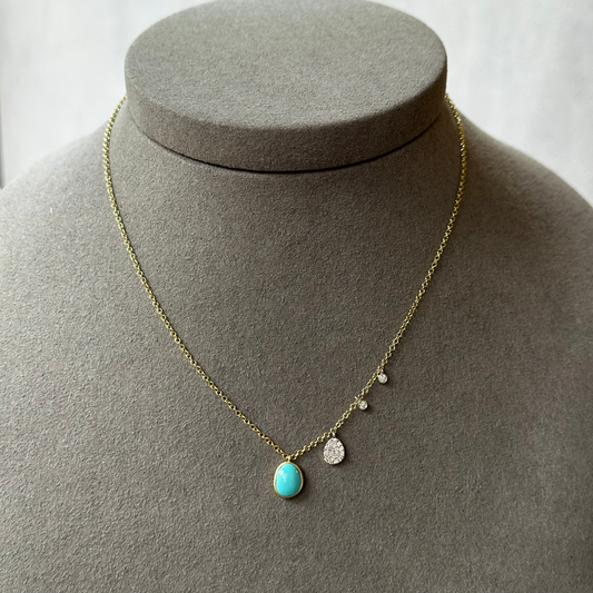 Two Tone Bezel Turquoise with Oval Shaped Diamond Cluster Necklace
