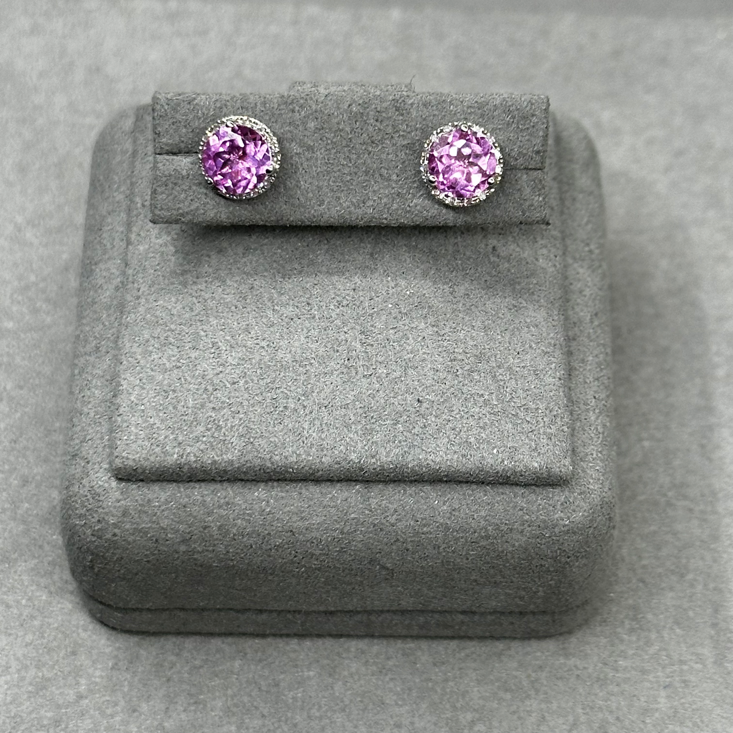 Round Pink Sapphire Halo Push Back Stud Earrings